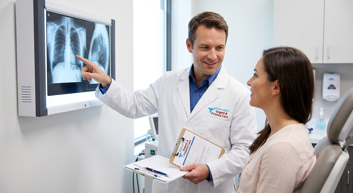 A healthcare provider at Sahara West Urgent & Primary Care reviewing digital X-ray diagnostics with a patient, illustrating the efficiency of on-site medical imaging in a walk-in setting.