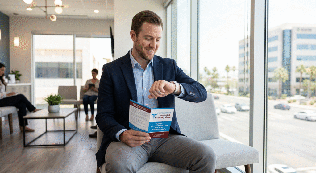 : A Las Vegas professional utilizing walk-in medical services at Sahara West Urgent & Primary Care, representing the integration of healthcare into a demanding work schedule.