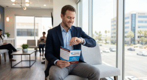 : A Las Vegas professional utilizing walk-in medical services at Sahara West Urgent & Primary Care, representing the integration of healthcare into a demanding work schedule.