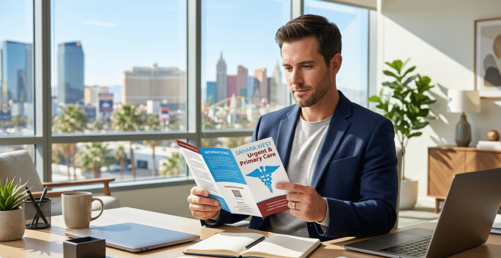 A Las Vegas professional reviewing mental health support materials from Sahara West Urgent & Primary Care, illustrating the transition from chronic stress to clinical wellness.