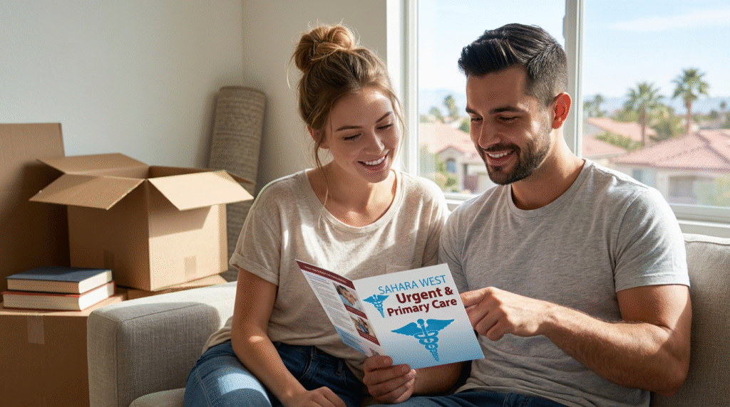 A couple newly relocated to Las Vegas reviewing primary care and wellness resources from Sahara West Urgent & Primary Care in their new home, symbolizing the proactive establishment of a long-term health plan.