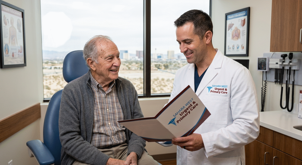 : A senior patient receiving a clinical wellness evaluation at Sahara West Urgent & Primary Care, illustrating proactive health monitoring and chronic disease management for older adults.