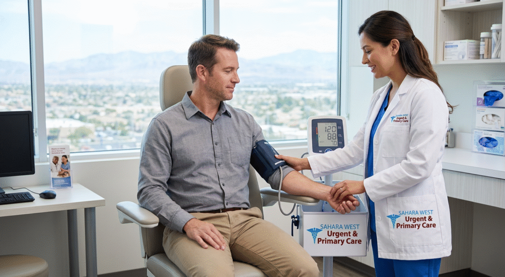 A patient undergoing a routine blood pressure evaluation at Sahara West Urgent & Primary Care, representing the proactive screening for cardiovascular risk factors in Las Vegas.