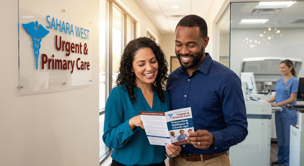 A couple at Sahara West Urgent & Primary Care reviewing their long-term wellness roadmap, illustrating the shift from reactive symptom treatment to proactive medical prevention.