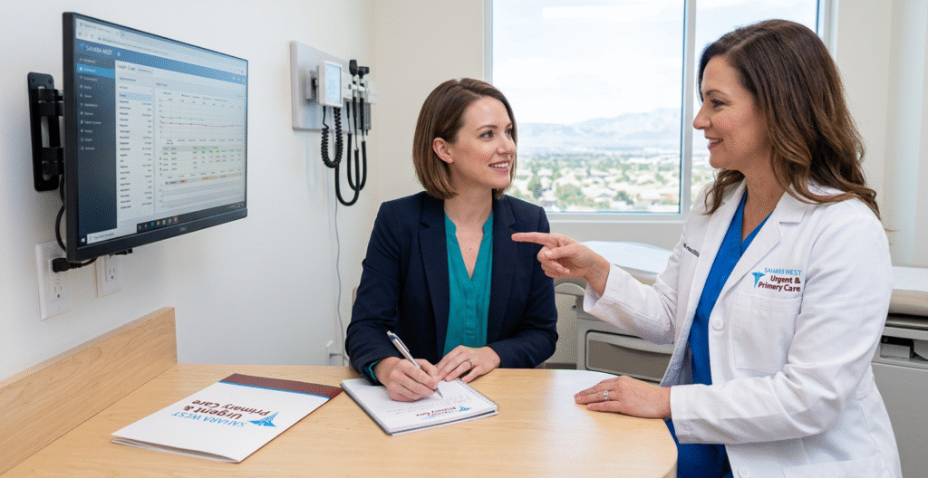 A patient engaged in a collaborative annual checkup at Sahara West Urgent & Primary Care, illustrating the importance of active participation in long-term health planning.