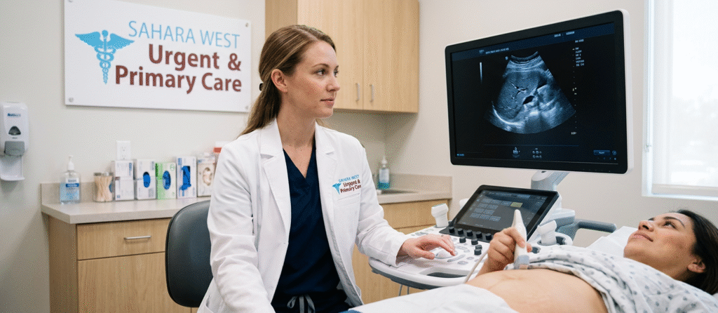 A medical professional performing a diagnostic ultrasound at Sahara West Urgent & Primary Care, highlighting accessible imaging for abdominal, reproductive, and cardiovascular health.
