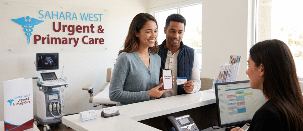 A patient at Sahara West Urgent & Primary Care verifying ultrasound referral requirements at the reception desk, illustrating accessible healthcare in Las Vegas.