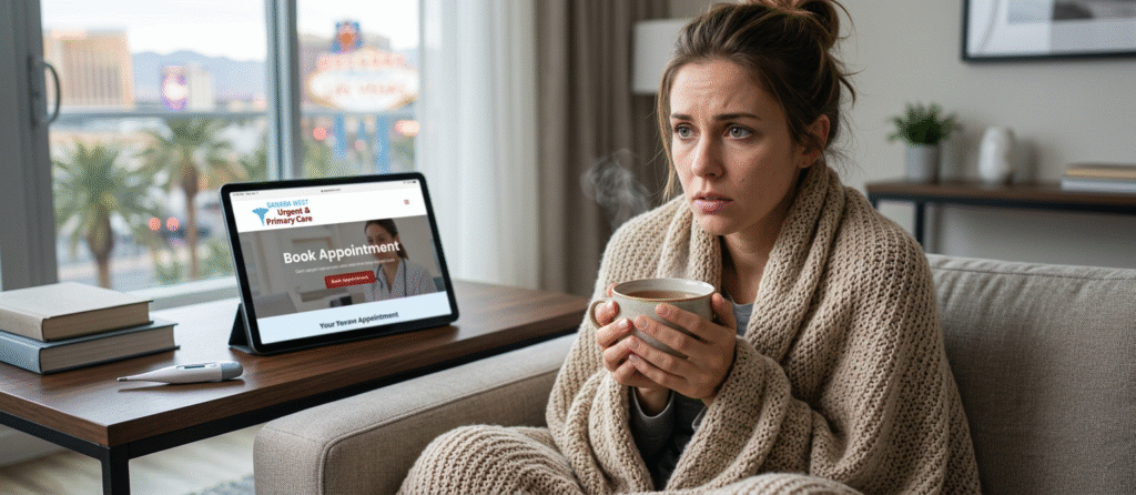 A woman wrapped in a blanket at home, illustrating the symptoms of shivering without a fever and the need for medical screening at Sahara West Urgent & Primary Care.