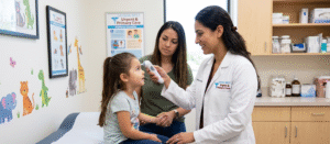 A healthcare provider at Sahara West Urgent & Primary Care evaluating a child's fever, illustrating when to seek same-day pediatric urgent care in Las Vegas.
