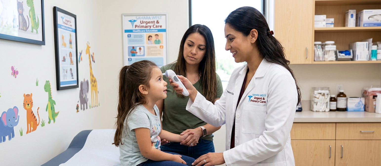 A healthcare provider at Sahara West Urgent & Primary Care evaluating a child's fever, illustrating when to seek same-day pediatric urgent care in Las Vegas.
