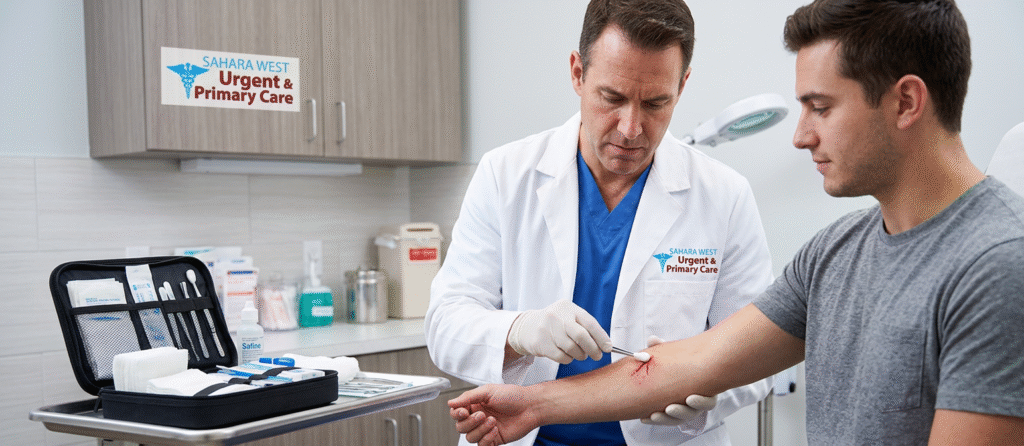 A medical provider at Sahara West Urgent & Primary Care performing professional wound care and stitching evaluation for a patient in Las Vegas.