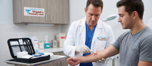 A medical provider at Sahara West Urgent & Primary Care performing professional wound care and stitching evaluation for a patient in Las Vegas.
