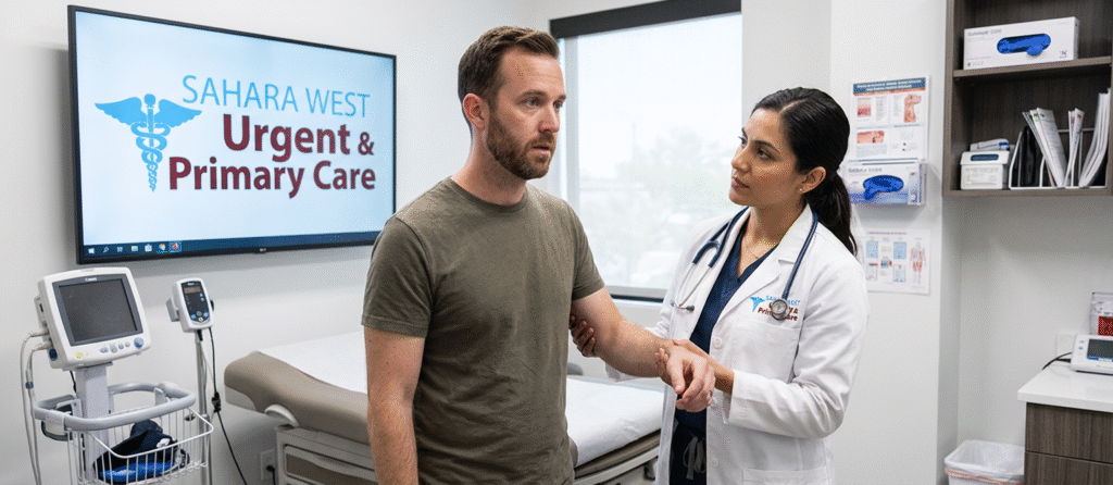 A healthcare provider at Sahara West Urgent & Primary Care performing a balance assessment to identify the root cause of sudden dizziness in a patient.