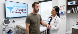 A healthcare provider at Sahara West Urgent & Primary Care performing a balance assessment to identify the root cause of sudden dizziness in a patient.