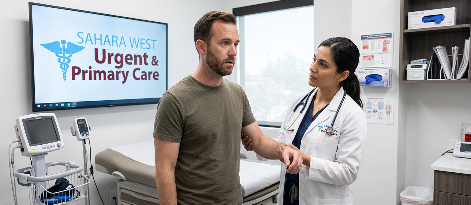 A healthcare provider at Sahara West Urgent & Primary Care performing a balance assessment to identify the root cause of sudden dizziness in a patient.