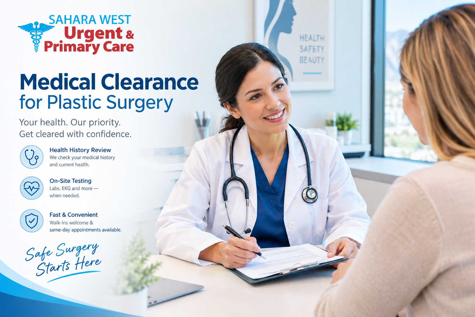 Medical clearance for plastic surgery in Las Vegas with a healthcare provider reviewing a patient's pre-op evaluation