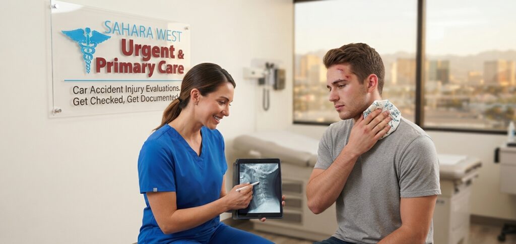 A medical provider reviewing a cervical spine X-ray on a tablet while a male patient applies a cold pack to his neck in an exam room, featuring a wall plaque with the Sahara West Urgent & Primary Care logo.