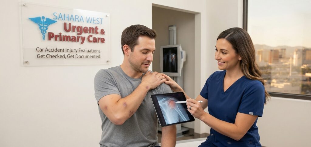 A medical provider reviewing a shoulder X-ray on a tablet while examining a patient in an exam room, with a wall plaque displaying the Sahara West Urgent & Primary Care logo from image_b8c182.png.