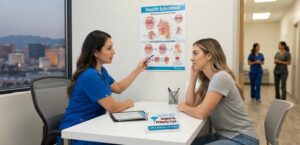 A medical provider pointing to an oral contact transmission health education chart while consulting a patient in a bright Las Vegas clinic room, featuring a desk sign displaying the Sahara West Urgent & Primary Care logo from image_b7611c.png.