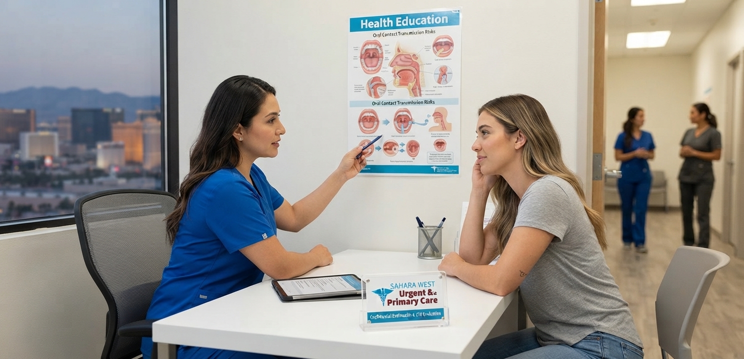 A medical provider pointing to an oral contact transmission health education chart while consulting a patient in a bright Las Vegas clinic room, featuring a desk sign displaying the Sahara West Urgent & Primary Care logo from image_b7611c.png.