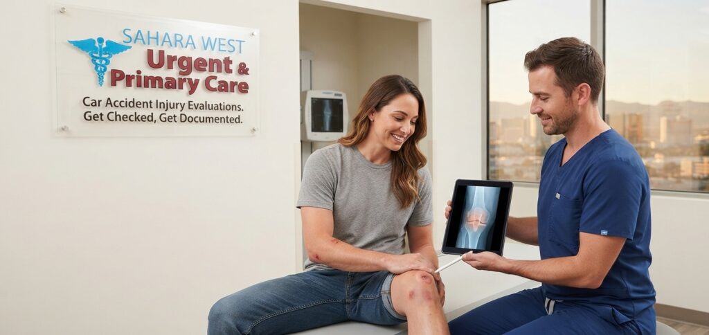 A male medical provider reviewing a knee X-ray on a tablet while examining a patient's knee in an exam room, with a wall plaque displaying the Sahara West Urgent & Primary Care logo.