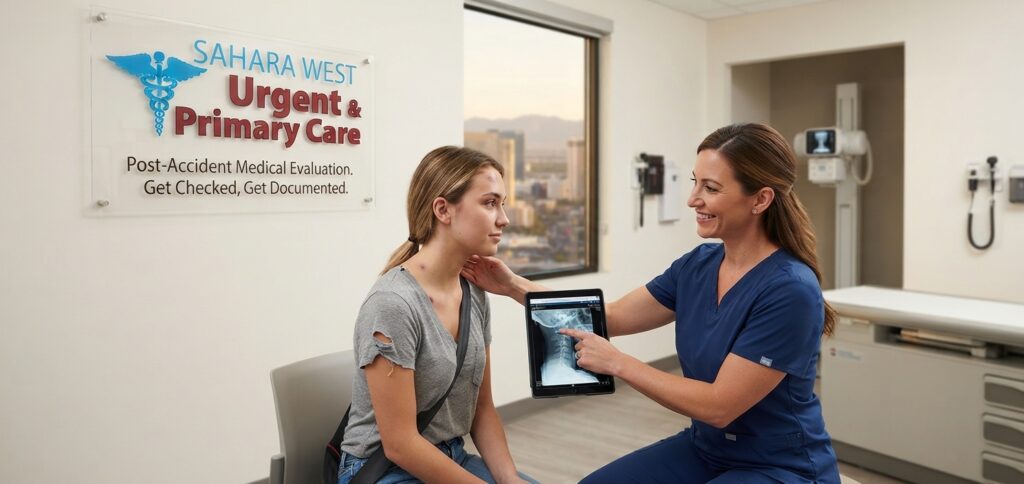 A healthcare provider reviewing a cervical spine X-ray on a tablet and examining a patient in an urgent care exam room featuring a wall plaque with the Sahara West Urgent & Primary Care logo from image_b8c182.png.
