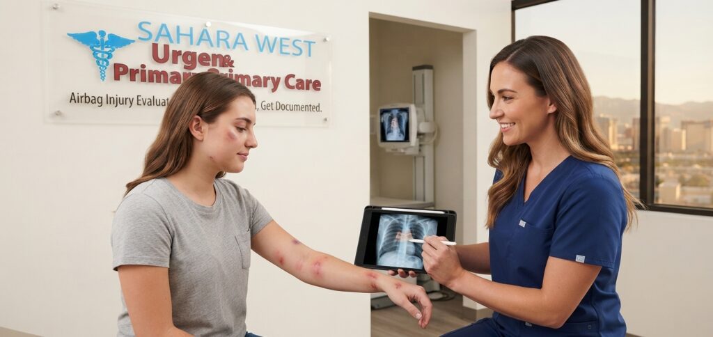A medical provider reviewing a chest X-ray on a tablet while examining a patient with arm abrasions in an exam room, with a wall plaque displaying the Sahara West Urgent & Primary Care logo from image_b8c182.png.