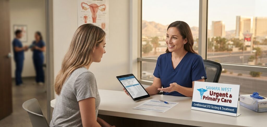 A healthcare provider having a private consultation with a patient in a bright Las Vegas clinic room, featuring a desk sign with the Sahara West Urgent & Primary Care logo