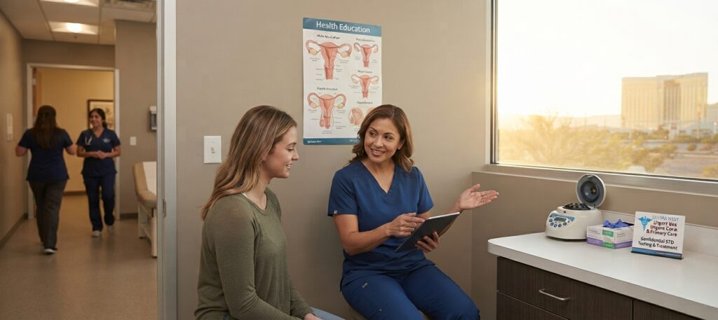 A healthcare provider discussing sexual health testing with a patient in a modern Las Vegas clinic office, incorporating the Sahara West Urgent & Primary Care