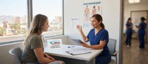 A healthcare provider discussing diagnostic testing versus preventive screening with a patient in a bright Las Vegas clinic room, featuring a desk sign displaying the Sahara West Urgent & Primary Care logo from image_b74a7e.png.