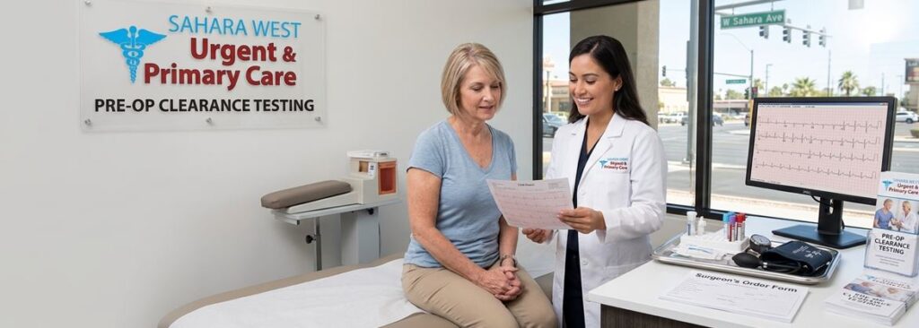A female doctor reviewing pre-op test results with a patient sitting in an exam room at Sahara West Urgent Care, featuring on-site lab and EKG equipment.