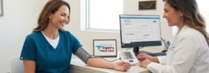 A friendly female doctor checking a smiling patient's blood pressure in a modern Las Vegas clinic office, with the Sahara West Urgent Care & Primary Care logo visible on a desk sign and computer charts in the background.