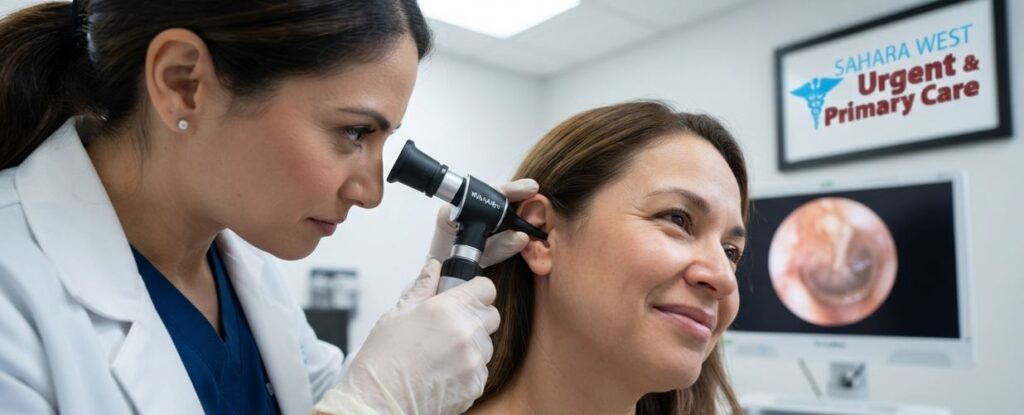A female doctor wearing a white coat and gloves examining a patient's ear with an otoscope in a modern medical clinic, with the Sahara West Urgent & Primary Care logo framed on the wall.