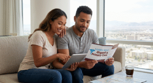 A Las Vegas couple reviewing clinical service directories and Sahara West Urgent & Primary Care materials, illustrating the informed selection of mental health resources.