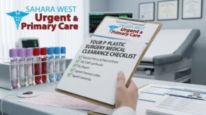 A detailed interior shot of a modern Sahara West Urgent & Primary Care examination room featuring a multi-colored blood sample rack, a stethoscope and patient chart in the foreground, and an examination bed with medical monitors in the background.