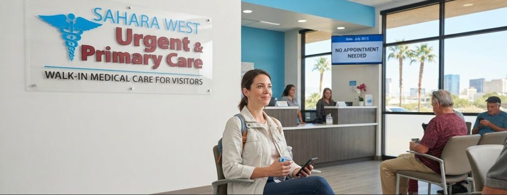 A friendly visitor sitting in the modern, bright waiting room of Sahara West Urgent Care & Wellness in Las Vegas, with the clinic's logo and reception desk visible in the background.