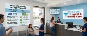 Patients at Sahara West Urgent Care reception desk reviewing transparent self-pay and health insurance payment options.