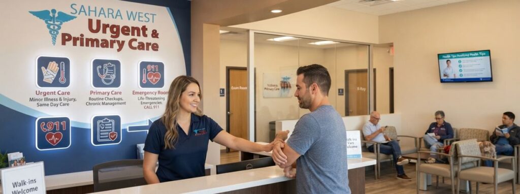 A welcoming medical reception desk at Sahara West Urgent & Primary Care, where a staff member is assisting a patient, and a clean waiting room is visible in the background.