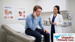 A male patient holding his ear in discomfort during a medical consultation with a healthcare provider holding an otoscope at Sahara West Urgent Care.