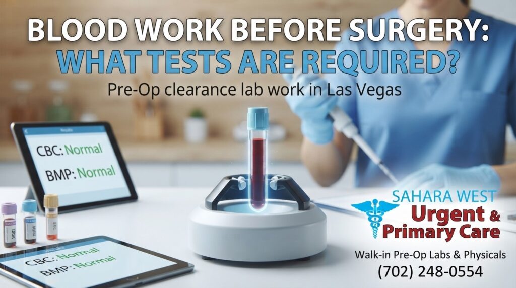 Medical laboratory setup showing blood test vials and pre-op clearance lab results for surgery at Sahara West Urgent Care in Las Vegas.