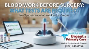 Medical laboratory setup showing blood test vials and pre-op clearance lab results for surgery at Sahara West Urgent Care in Las Vegas.