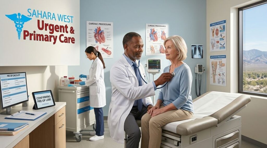 A senior female patient receiving a pre-operative physical exam from a male doctor at Sahara West Urgent Care & Primary Care in Las Vegas, with a lab technician processing blood samples and the Las Vegas skyline visible through the window.