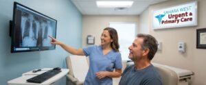 A healthcare provider at Sahara West Urgent Care reviewing digital X-ray results on a monitor with a patient in an exam room.