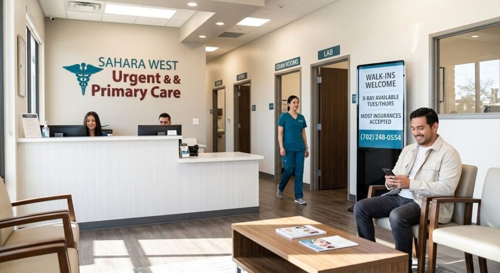 A modern, welcoming lobby at Sahara West Urgent & Primary Care showing a patient sitting in a clean waiting area with clinic staff and branded signage on the wall.