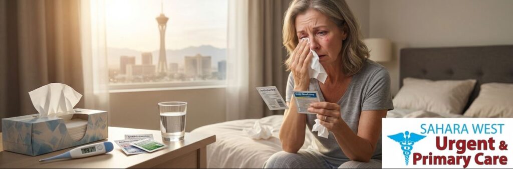 Waking up congested, sneezing, or sniffling in Las Vegas? 🤧 Living in the desert comes with unique allergy triggers—like year-round dust, ragweed, and tree pollen—making it tricky to know if you're dealing with allergies or a viral cold. Check out our quick comparison guide to learn the 5 key clues that reveal what's really going on. If you'd rather skip the guessing game, walk in to Sahara West Urgent & Primary Care today for same-day evaluation! 📍 6125 West Sahara Ave, Las Vegas 📞 (702) 248-0554