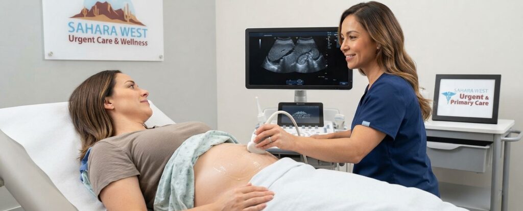 A friendly medical professional performing an abdominal ultrasound on a patient using a transducer and gel, with the Sahara West Urgent Care & Wellness branding visible in the clinic.