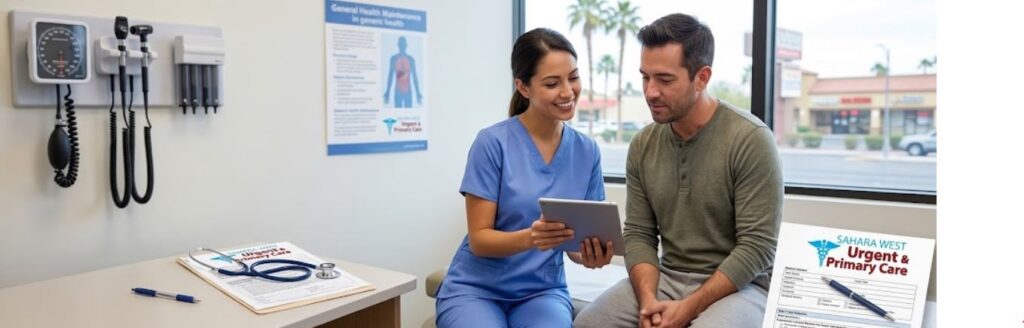 A friendly medical provider in blue scrubs reviewing health results on a digital tablet with a patient during an annual physical exam at Sahara West Urgent & Primary Care.