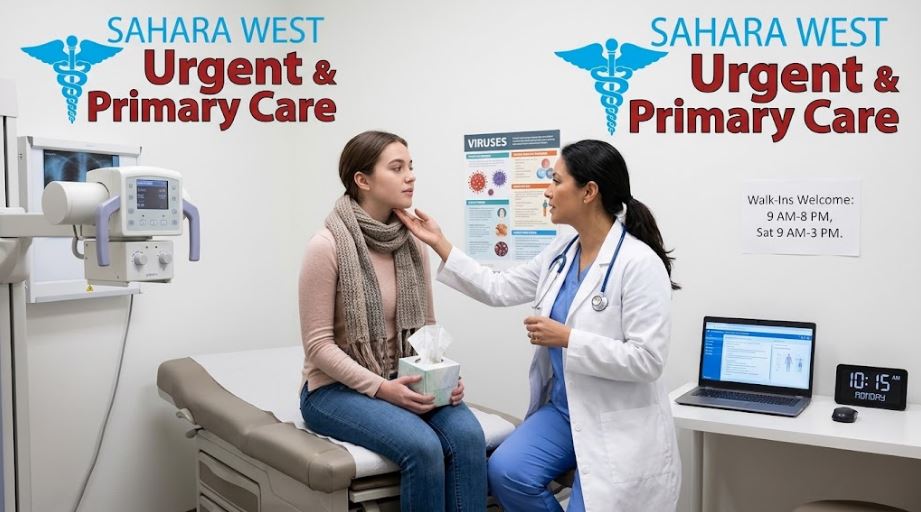 A medical doctor in a white coat examines a young female patient wearing a scarf and holding a tissue box in a Sahara West Urgent & Primary Care exam room, featuring X-ray equipment and brand signage.
