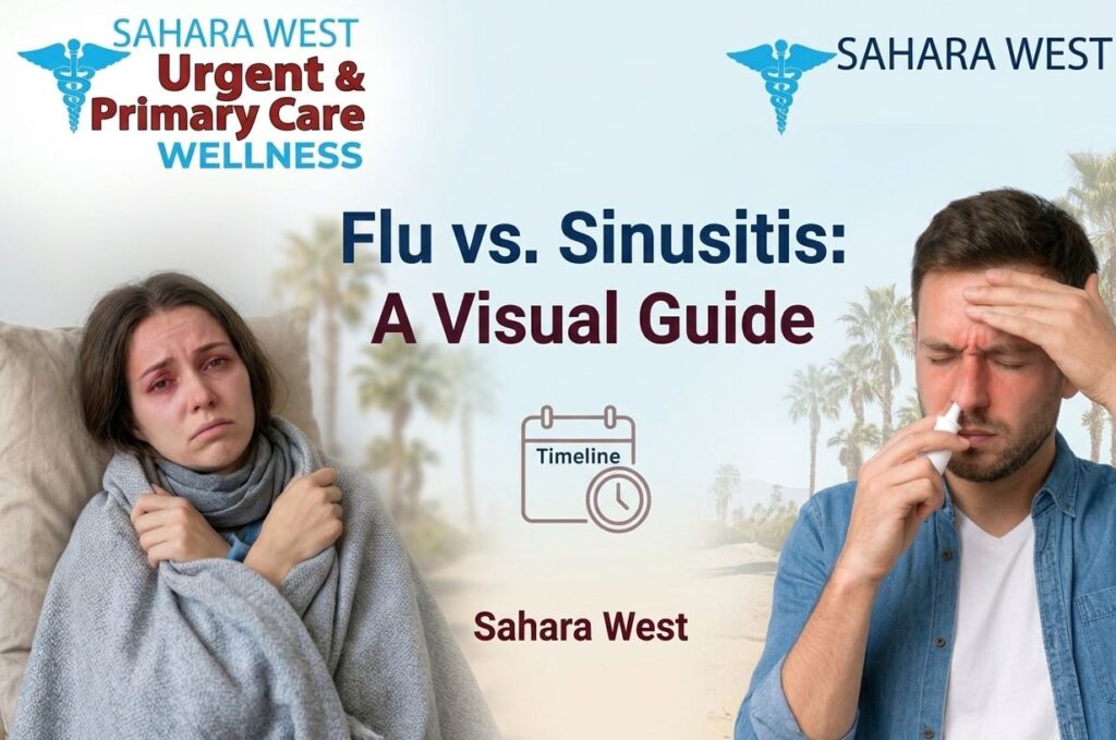 Side-by-side visual comparison of flu and sinus infection symptoms featuring Sahara West Urgent & Primary Care branding.