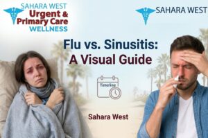 Side-by-side visual comparison of flu and sinus infection symptoms featuring Sahara West Urgent & Primary Care branding.